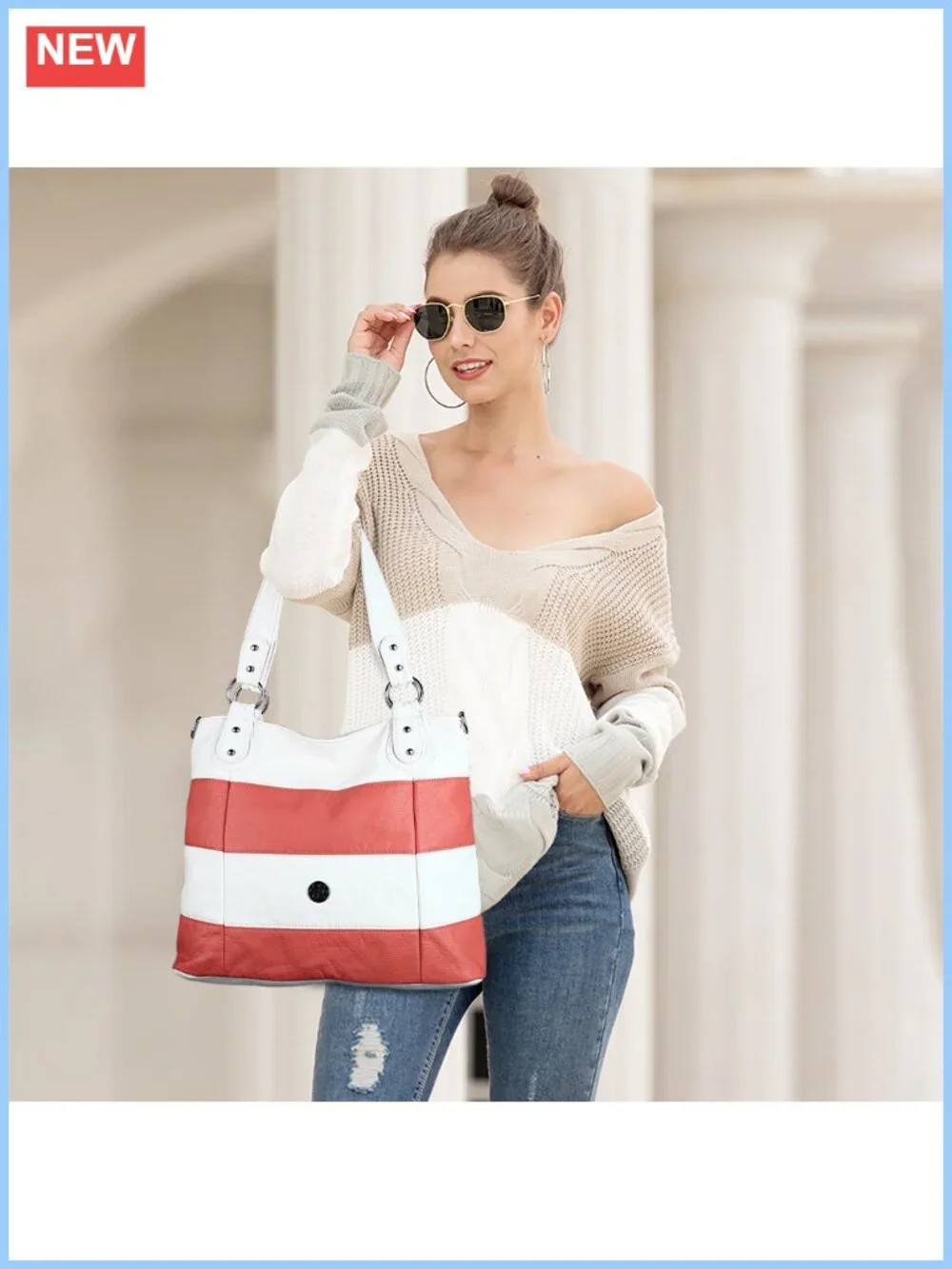 Vegan Leather Multi-Color Striped Hobo Crossbody Bag with Zippers